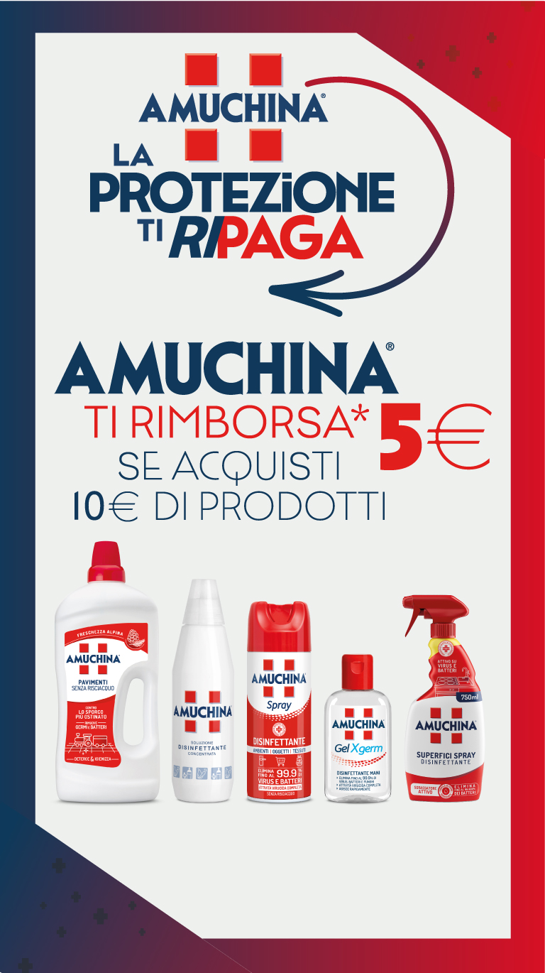 Immagine desktop che spiega la meccanica del concorso: Con l'acquisto 10€ di prodotti Amuchina ricevi il rimborso di 5€